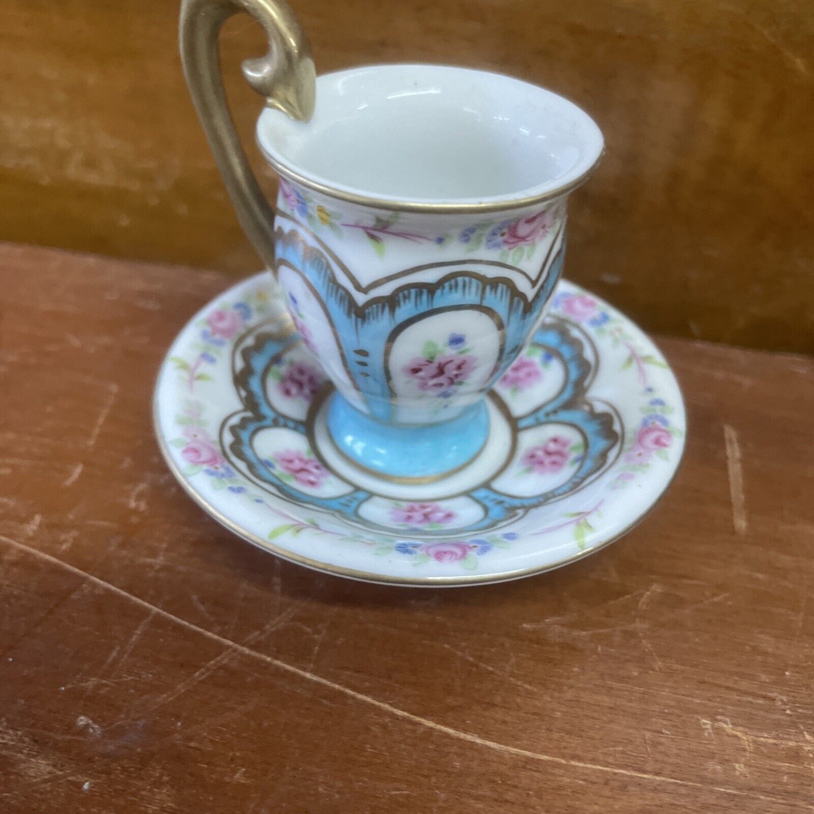 vintage pink floral flower Demitasse cup and saucer small Multicolored