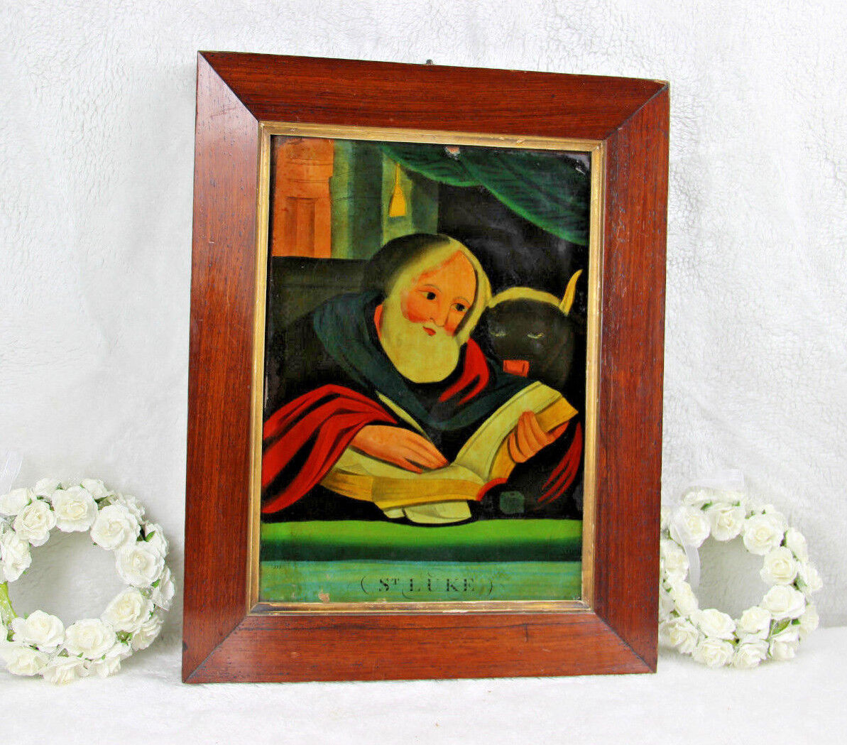 Antique 1880 religious Eglomise reversed mirror painting evangelist Luke 