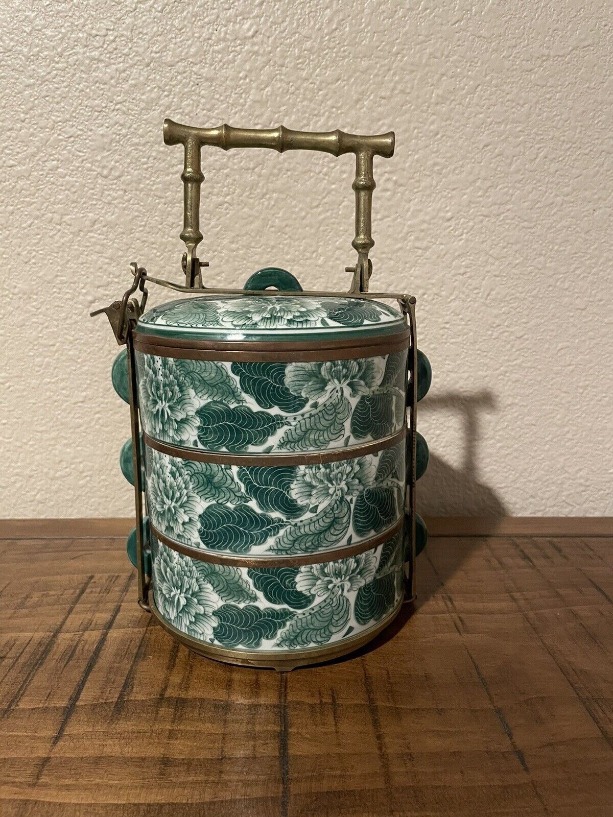 Vintage 1940’s Tiffin Porcelain & Brass 3-Tier Bento Box Made in Thailand