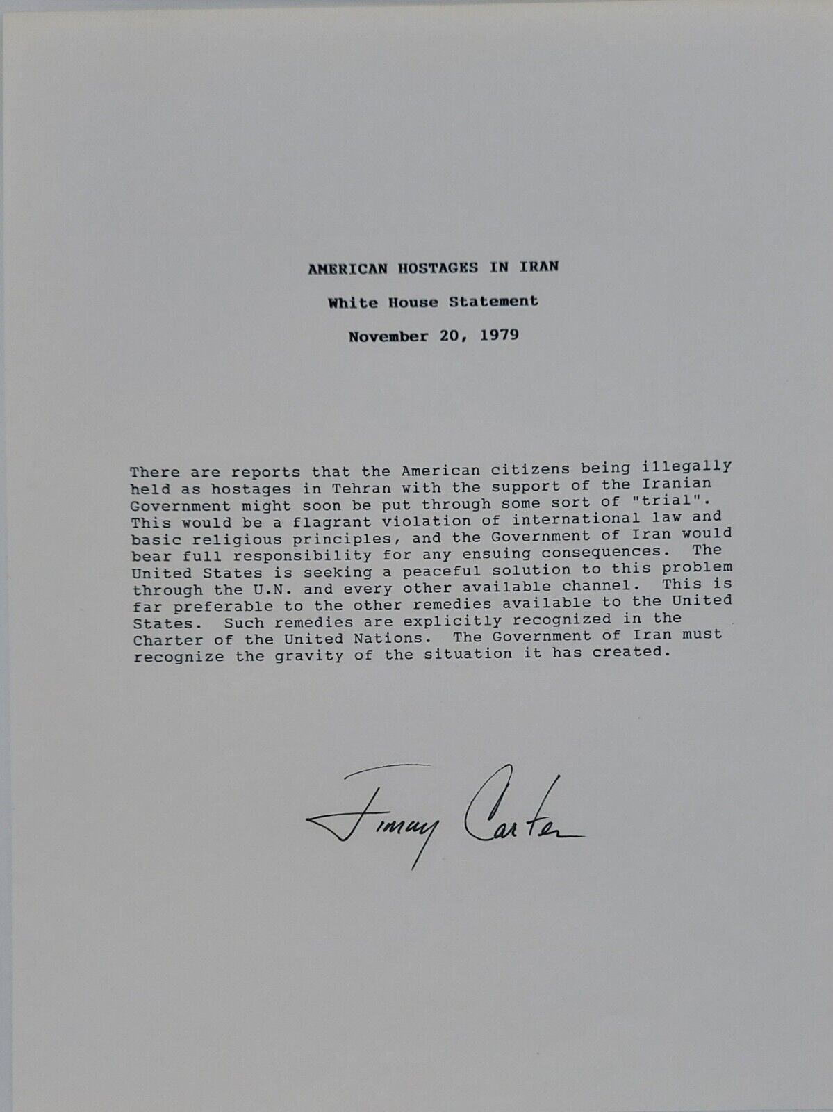 President Jimmy Carter Signed 1980 American Hostages Release Statement 