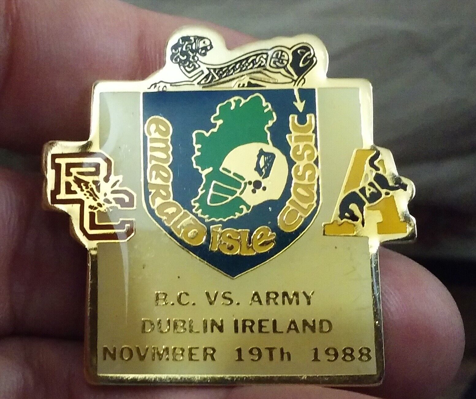 Boston College vs Army Football Game in Dublin Ireland 1988 pin badge has a typo