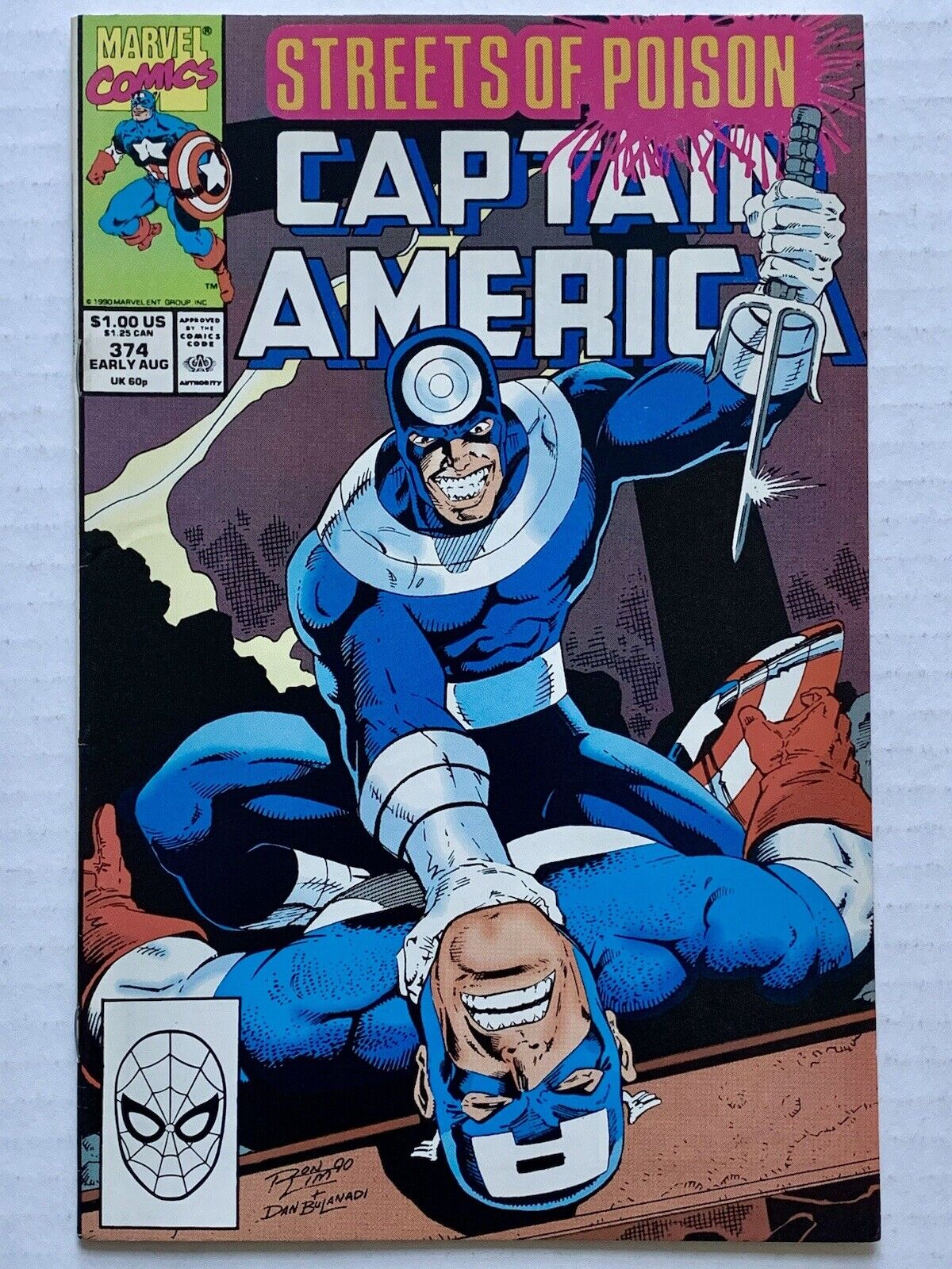Captain America #374 (1990) vs Bullseye + Daredevil, Kingpin (VF/7.5) -VINTAGE