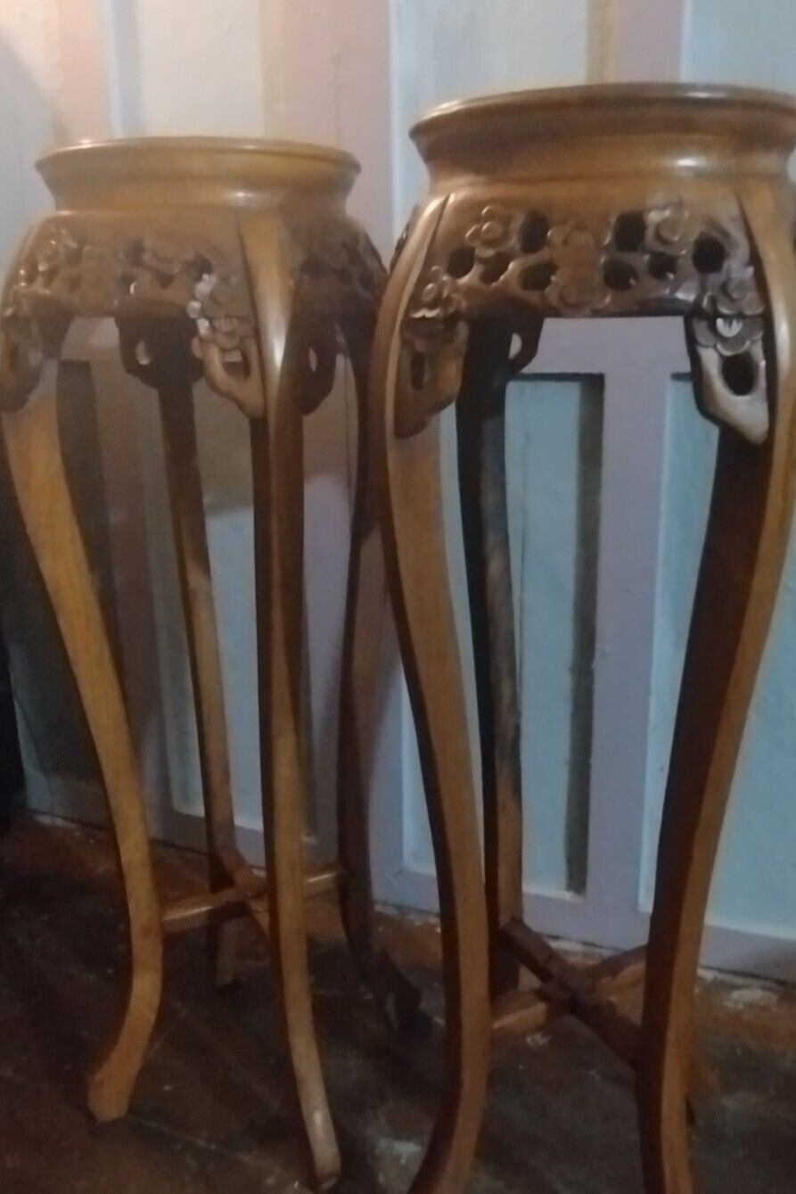 Vintage Chinese Hand Carved Rosewood  Marble Top Stands