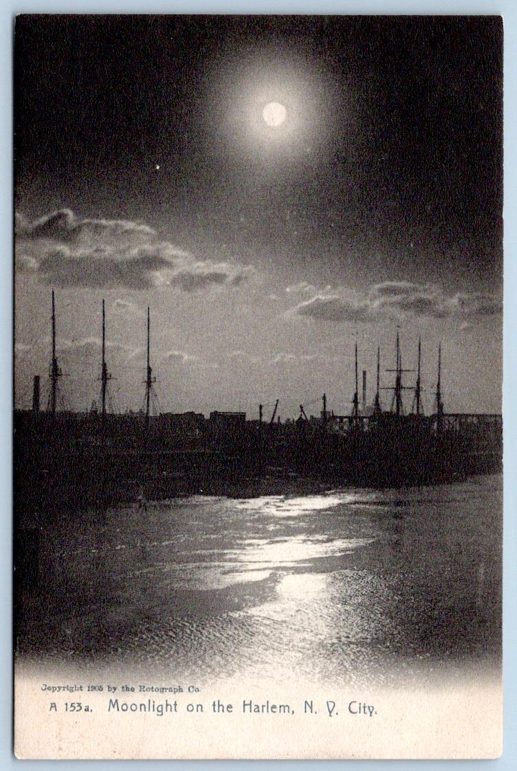 1905 ROTOGRAPH MOONLIGHT ON THE HARLEM RIVER NEW YORK CITY NYC ANTIQUE POSTCARD