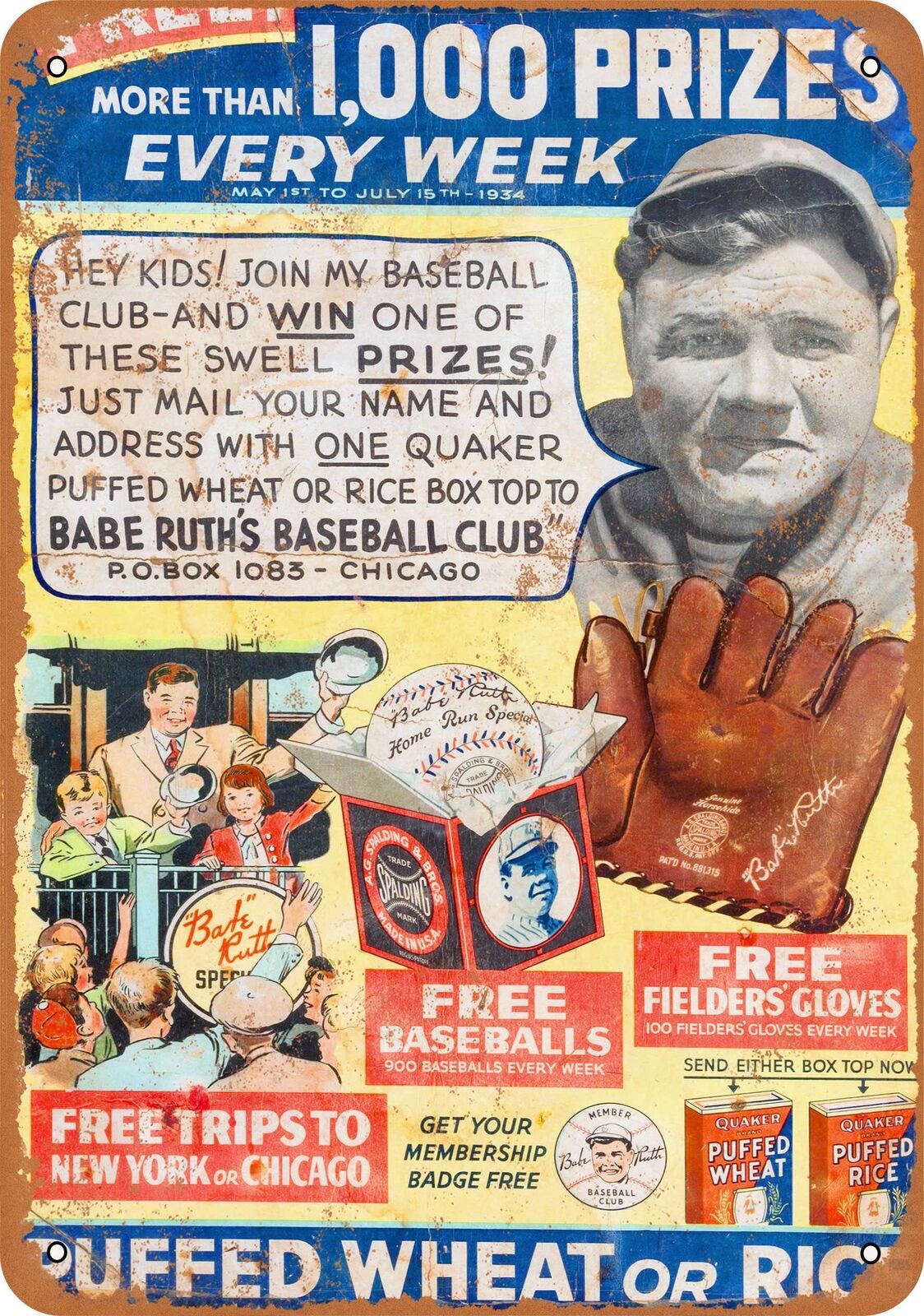 Metal Sign - 1934 Babe Ruth Baseball Club -- Vintage Look