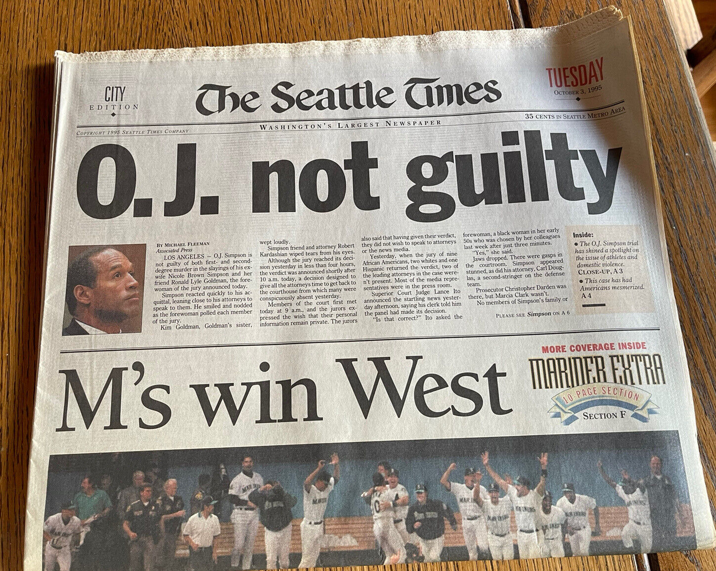 M\'s Win West The Seattle Times 10-3-95 FULL NEWS PAPER - Plus 10-2-95 Ticket
