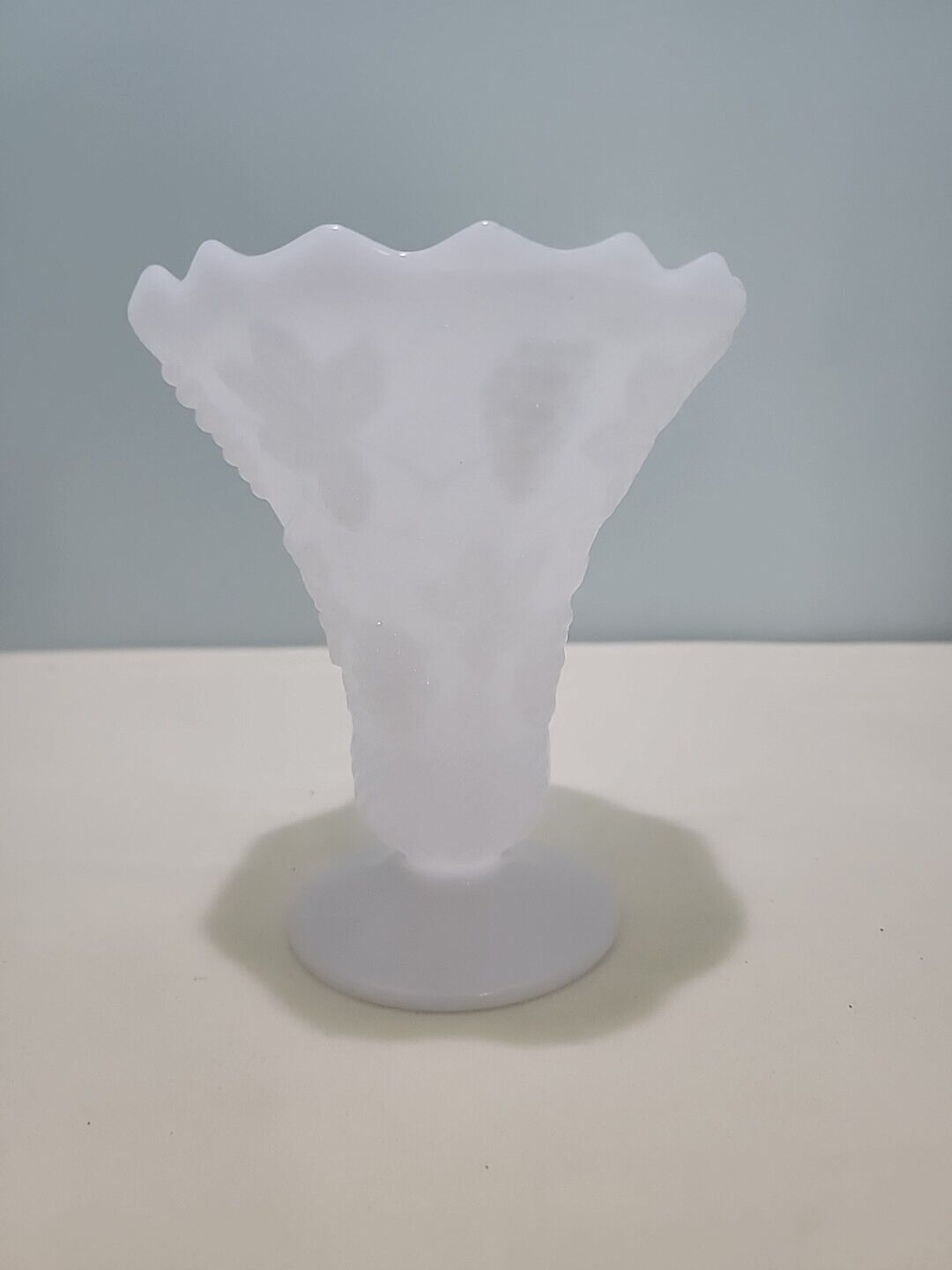 Anchor Hocking milk glass fluted vase with grape design