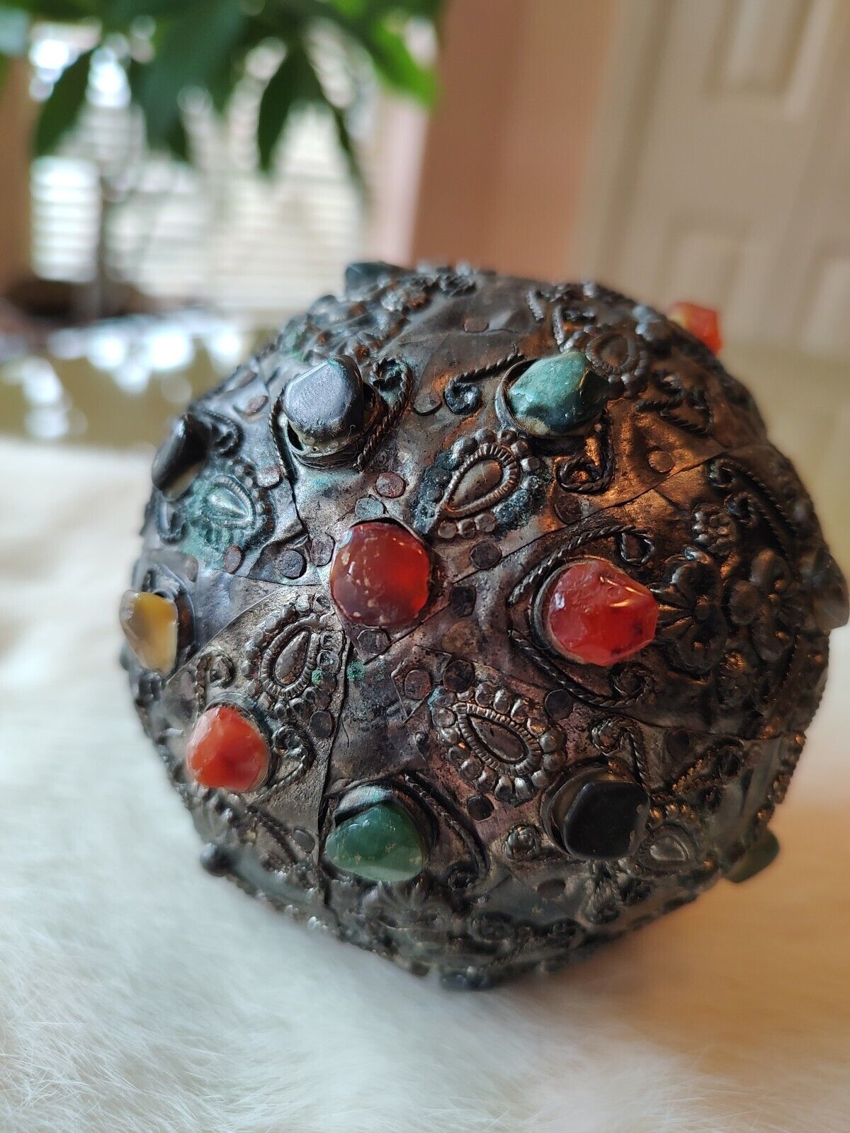 Vintage 1970s Persian Hand Crafted Ornate Metal With Gemstones Decoration Ball