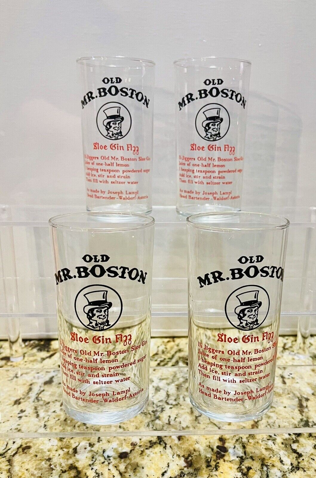 Vintage Old Mr Boston Sloe Gin Fizz Glasses Barware Set Of 4