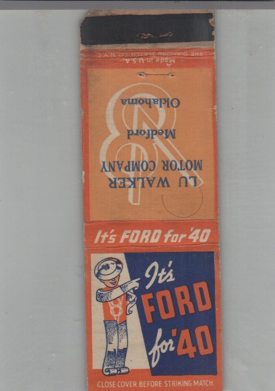 Matchbook Cover 1940 Ford Dealer Lu Walker Motor Co. Medford, OK