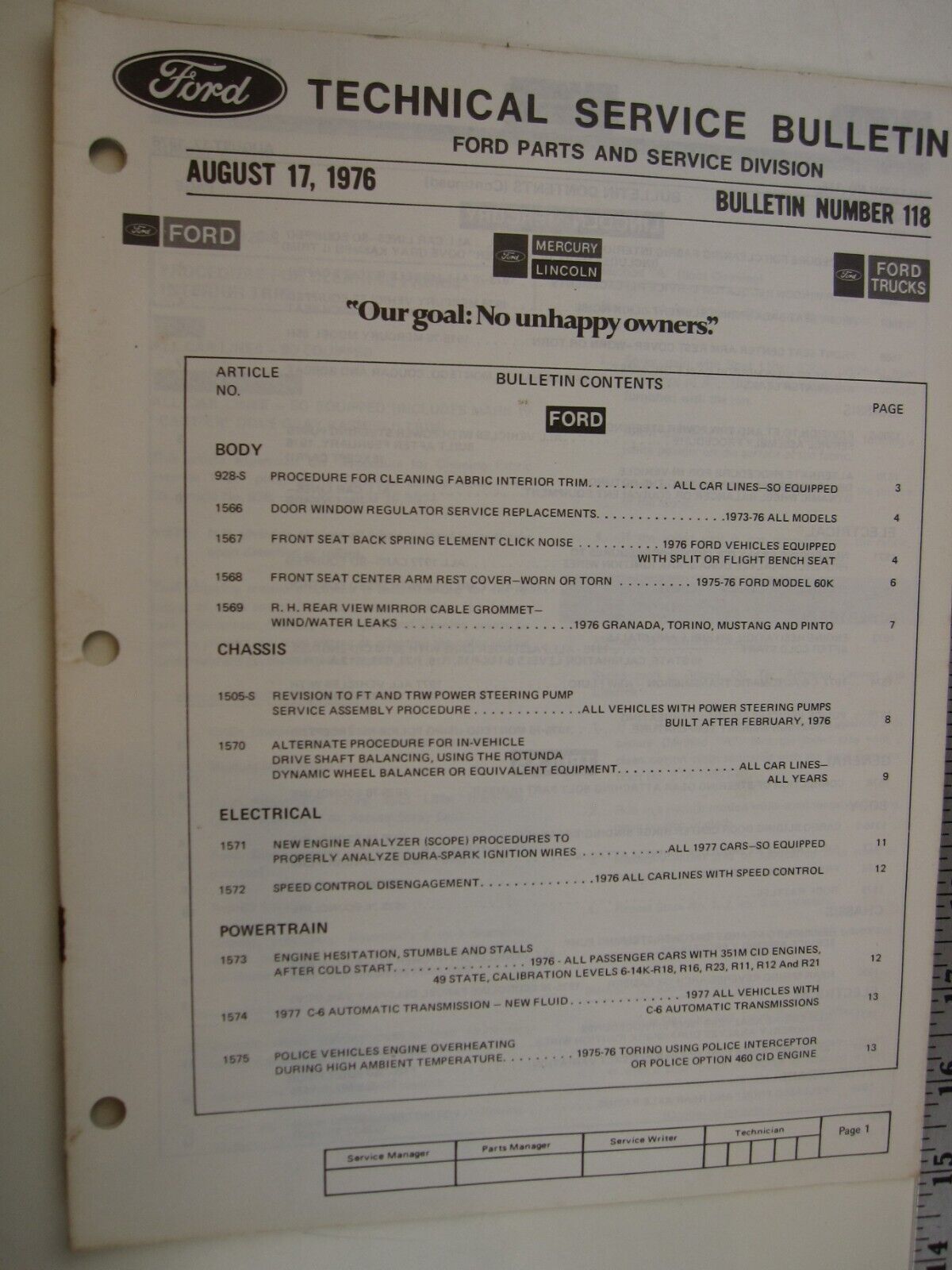 August 17, 1976 FORD Technical Service Bulletin Number 118  BIS