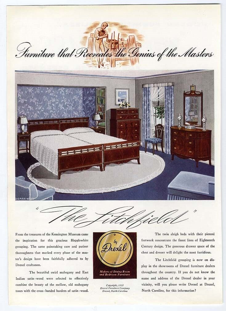 DREXEL Furniture Ad 1937 Hepplewhite Inspired Mahogany BEDROOM Set