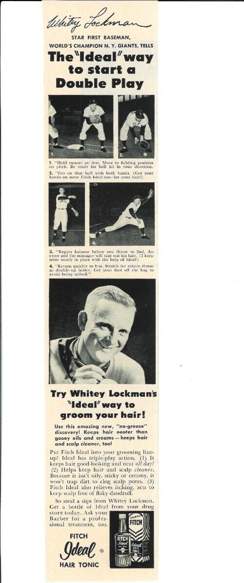 1955 Whitey Lockman Fitch Ideal Hair Tonic Baseball Giants MLB Vintage Print Ad