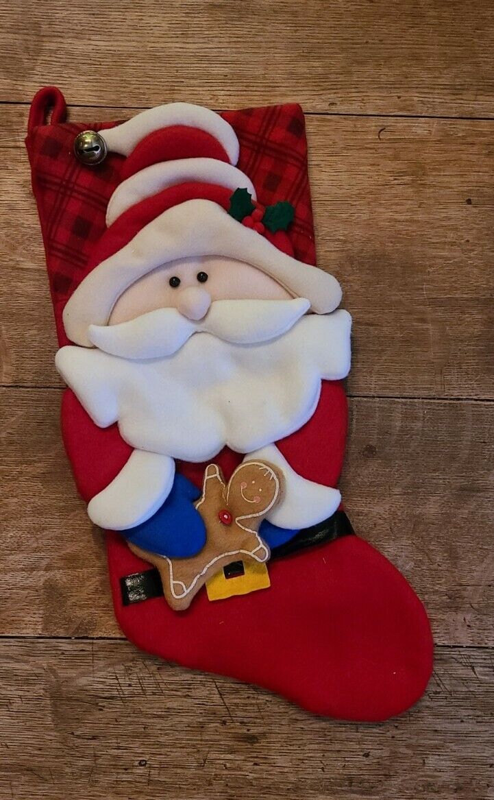 Vintage Santas Best Christmas Stocking 3D Santa Plush w Gingerbread Man Fleece