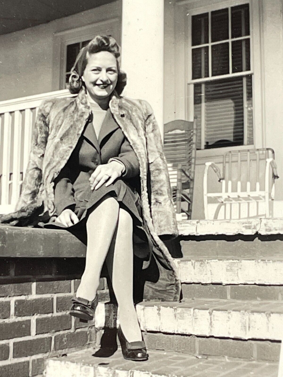 AYA Photograph Pretty Lady Beautiful Woman Posing On Porch Steps 1940-50's Smile
