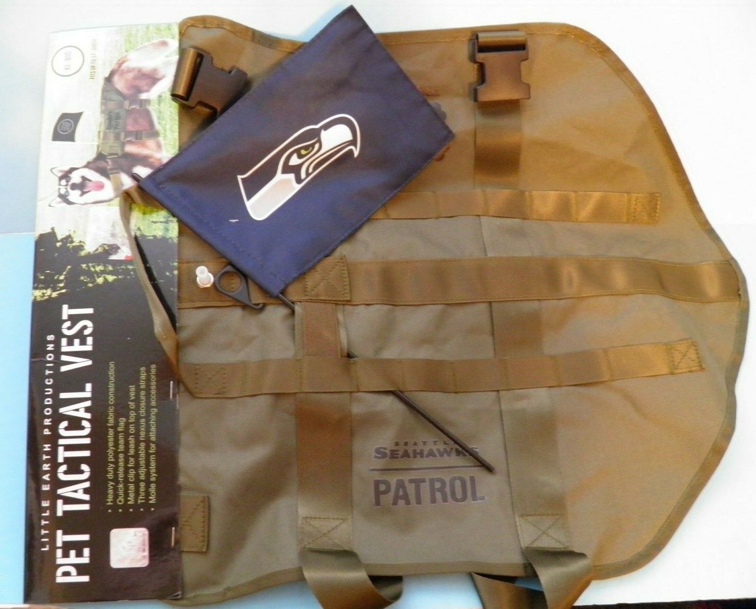 NFL Tactical Pet Vest- Seattle Seahawks with team flag XL-Big New