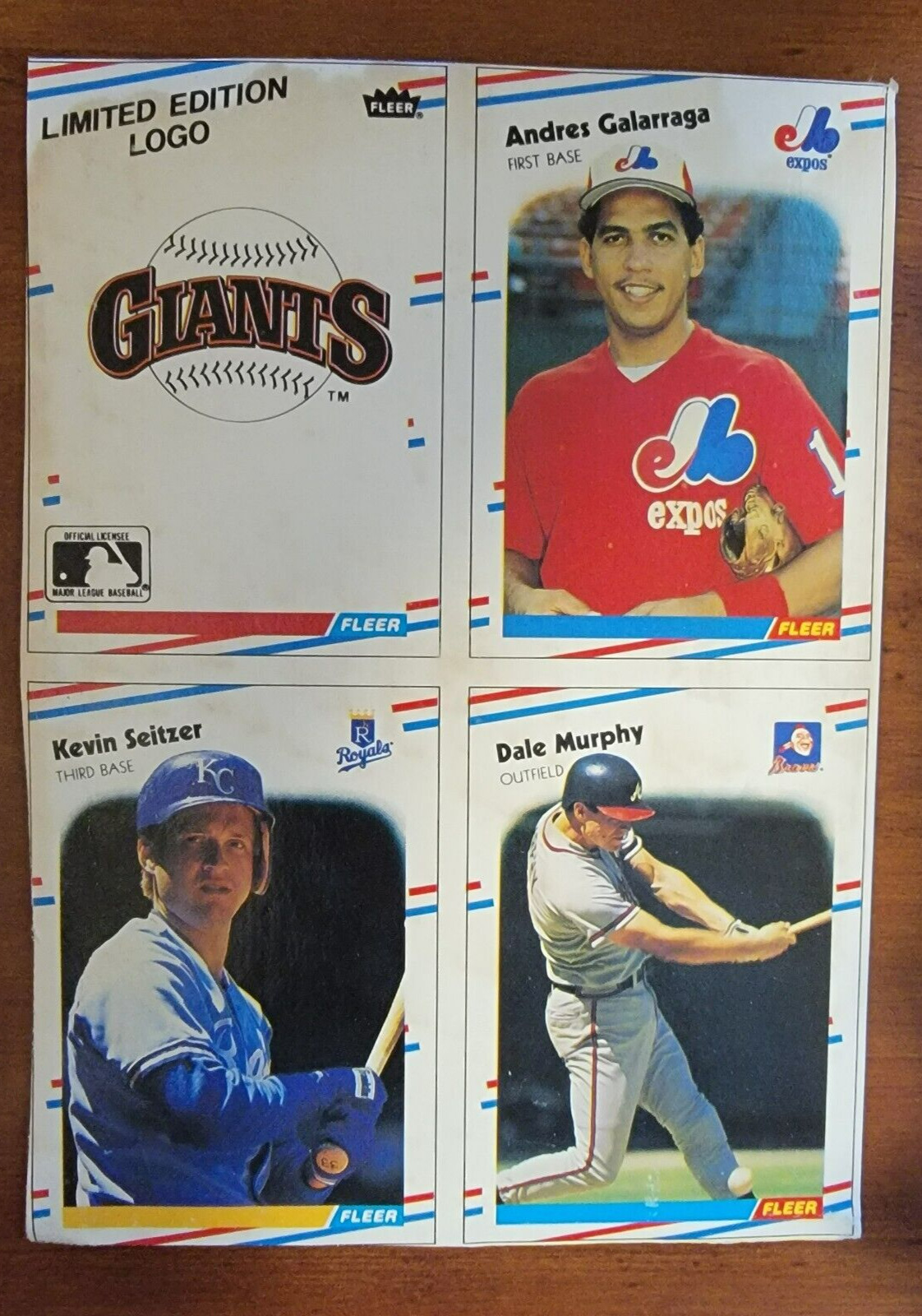 1988 Fleer Baseball Box Bottom UNCUT 4 CARD PANEL DALE MURPHY/ANDRES GALARRAGA
