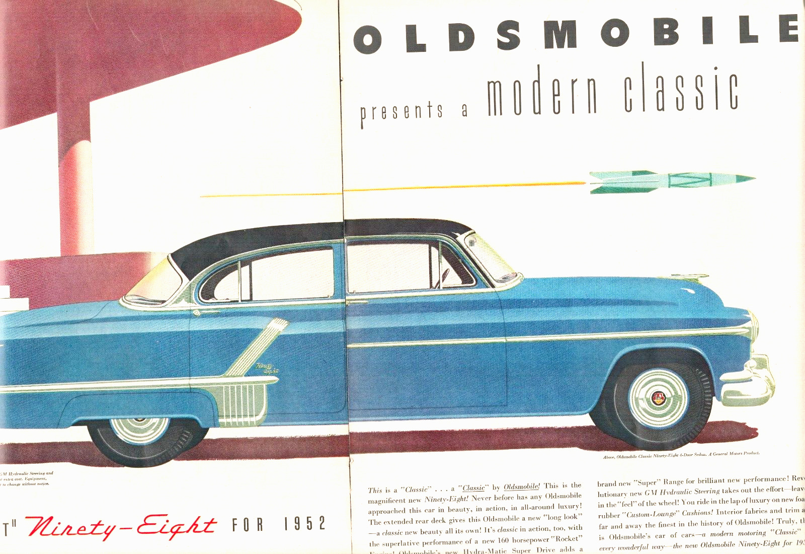 1952 OLDSMOBILE Ninety Eight car vtg art print ad large 2 page automobile L12