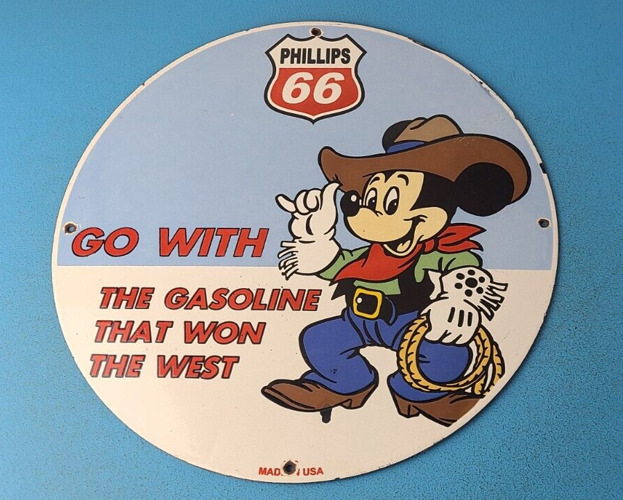 Vintage Phillips 66 Sign - Porcelain Mickey Mouse Cowboy Gas Oil Pump Plate Sign