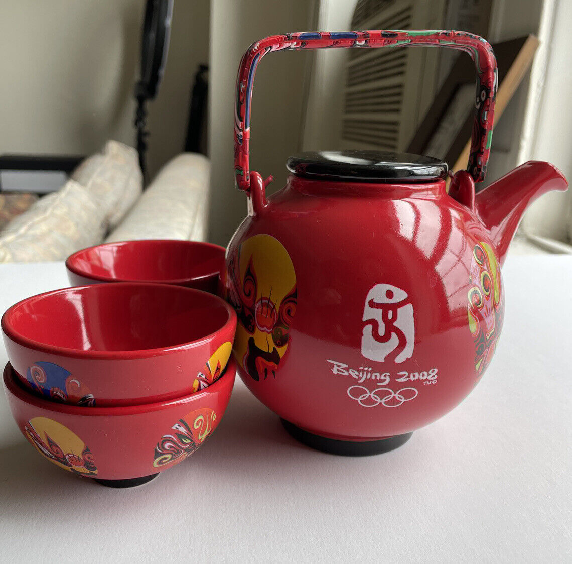 Beijing Olympics 2008 Red Tea Pot + 4 Cups Set