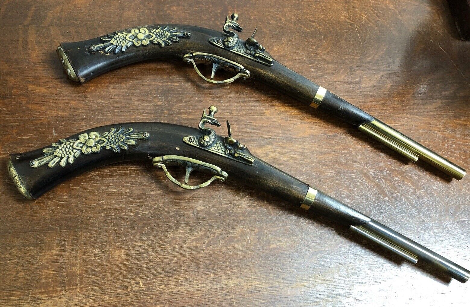 Vintage Decorative Flintlock Pistols Wall Hanging Wood and Brass Made In England