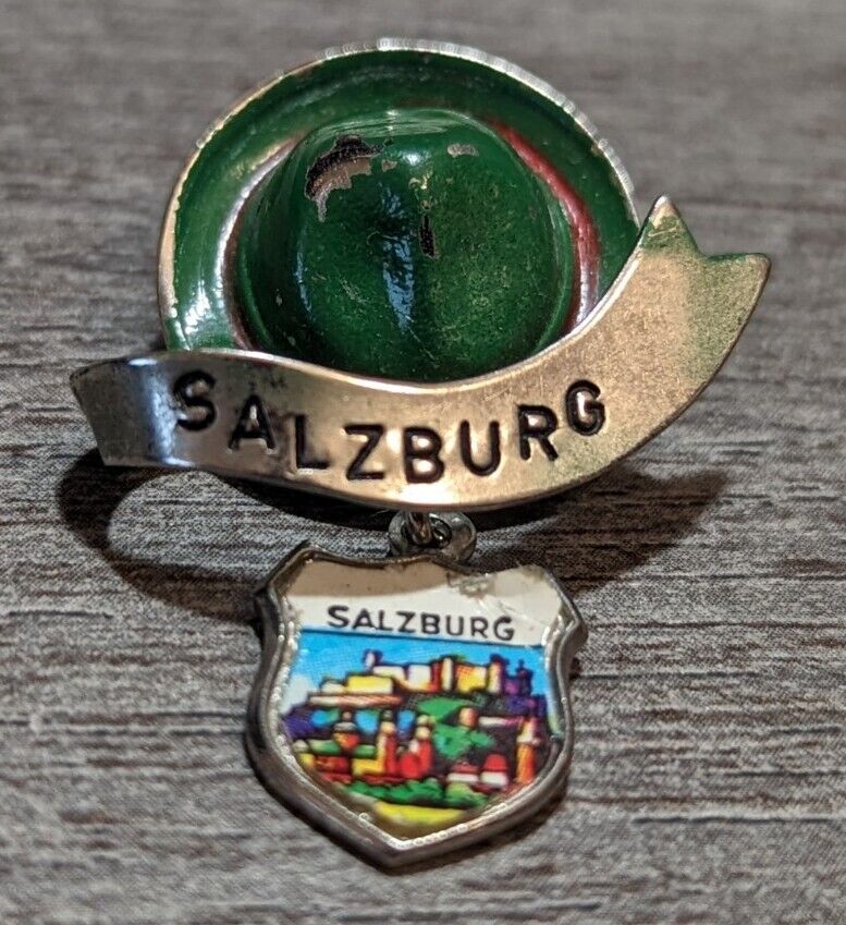 Salzburg, Austria Green Hat With Dangling Coat Of Arms Vintage Metal Lapel Pin