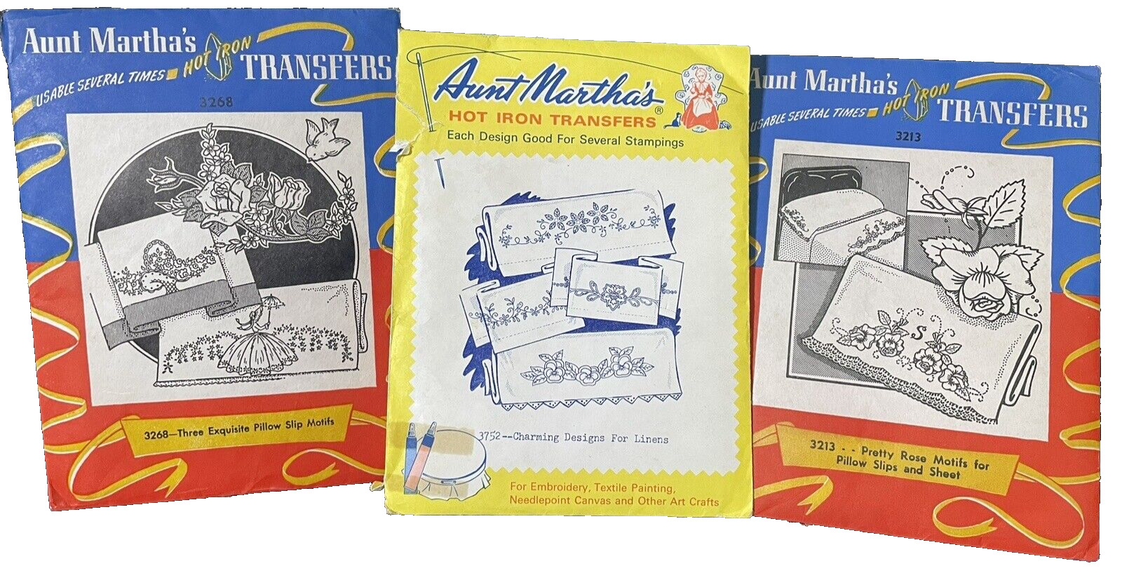 Vintage Aunt Martha's Hot Iron Transfers 3268 3213 3752 Pillow Slips Embroidery