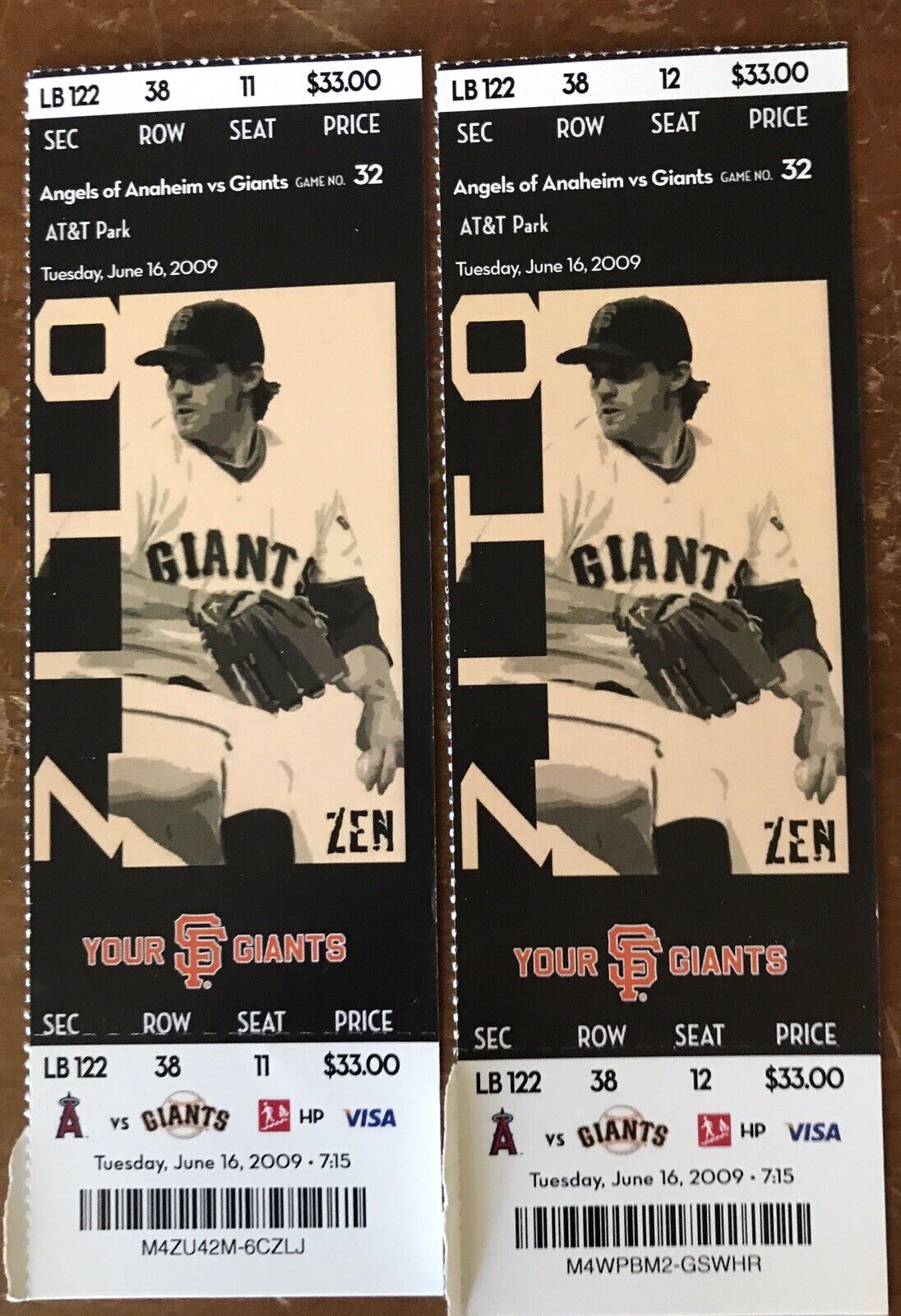 (2) June 16, 2009 SF Giants MATT DOWNS DEBUT Ticket StubS