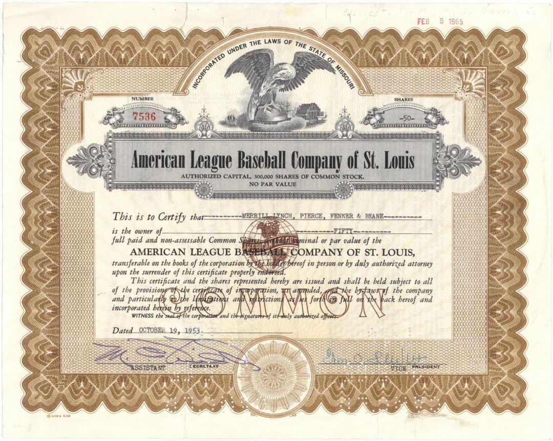 American League Baseball Co. of St. Louis - 1953 dated St. Louis Browns Stock Ce