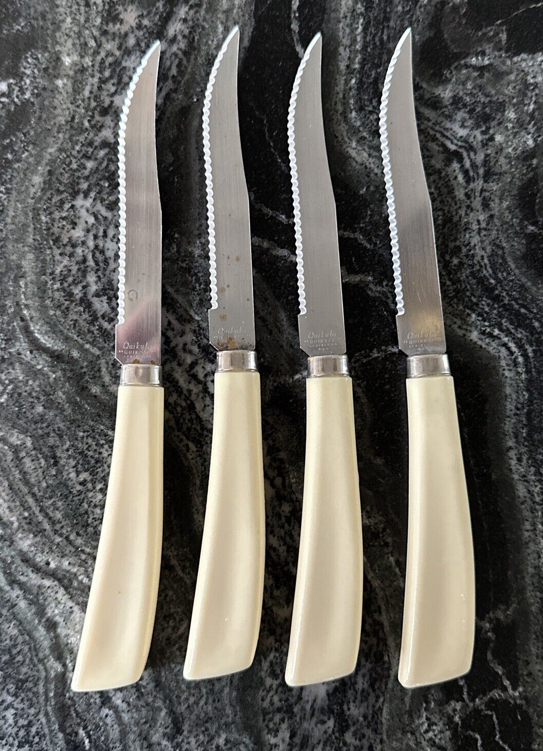 Vintage Quikcut  Stainless Steel Steak Knives with Ivory Bakelite Handles (4)
