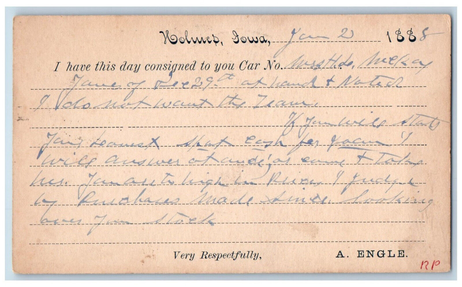 Holmes Iowa IA Clarion IA Postal Card Consigned to Car No. 1888 Antique