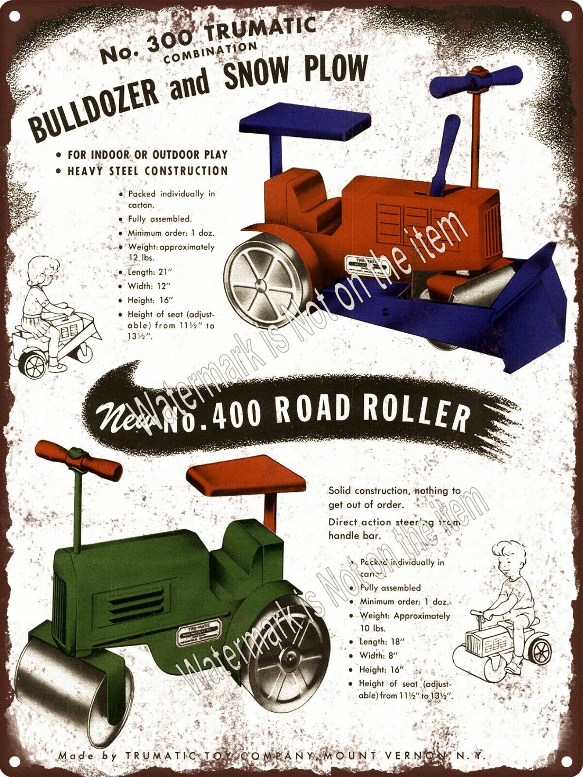 1947 TruMatic Bulldozer Snow Plow Road Roller Kids Toy Metal Sign 9x12\