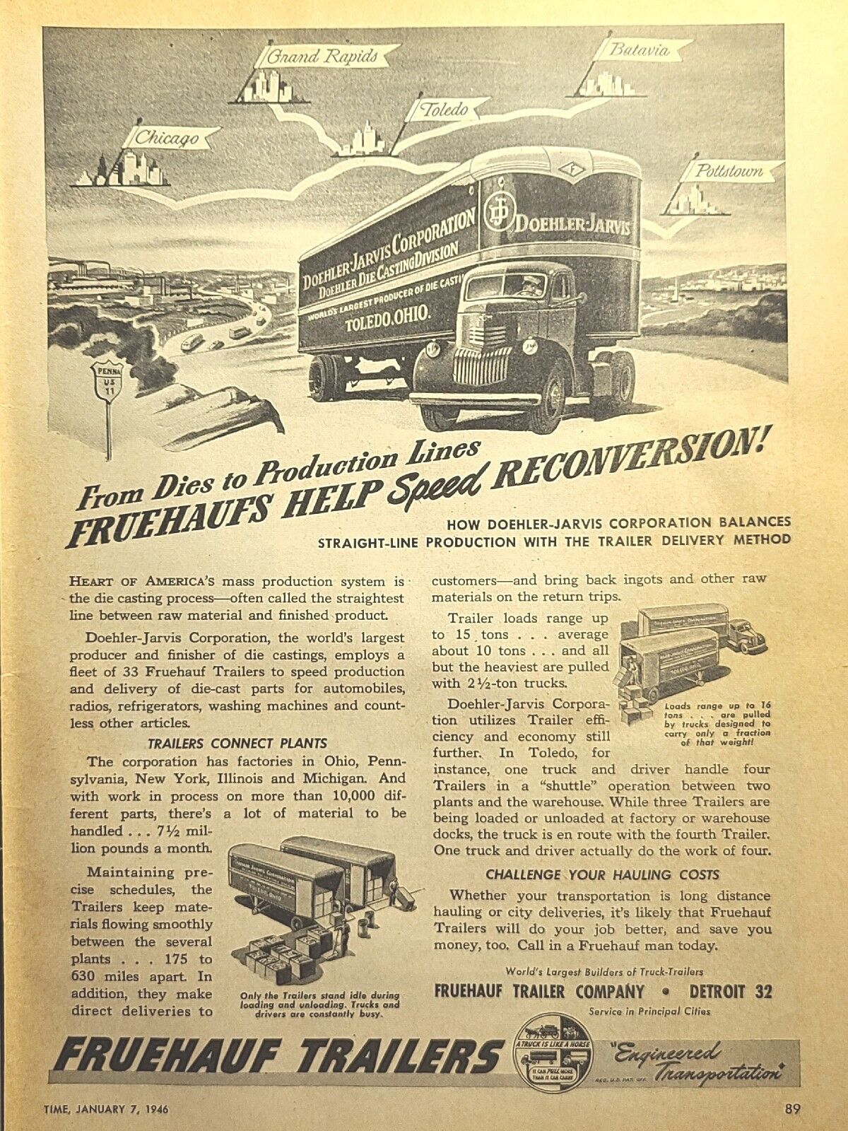 Fruehauf Trailers War Reconversion Doehler-Jarvis Toledo Vintage Print Ad 1946