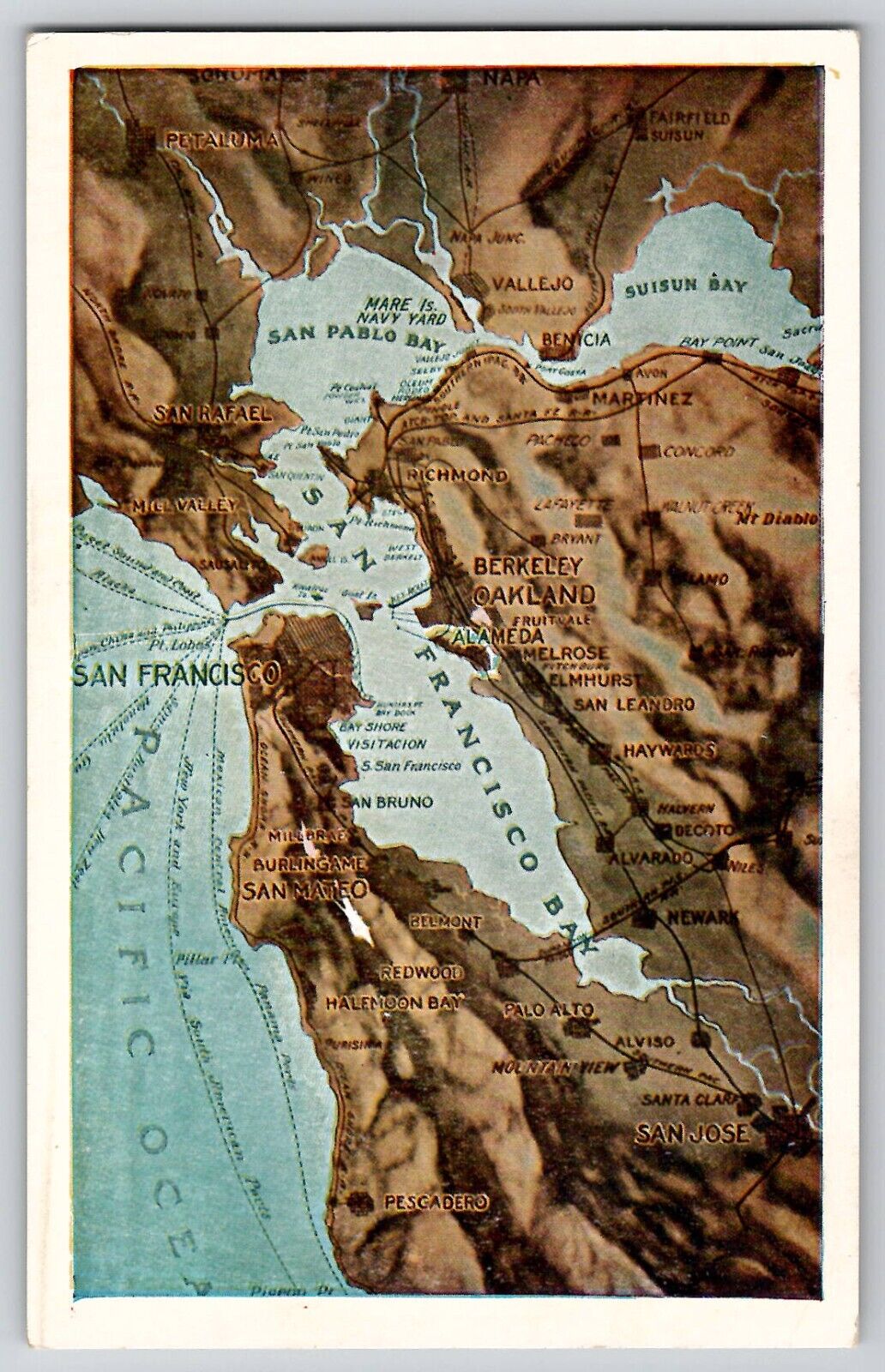 Topographical Aerial View Map San Francisco Berkely CA Bays Postcard c1920's