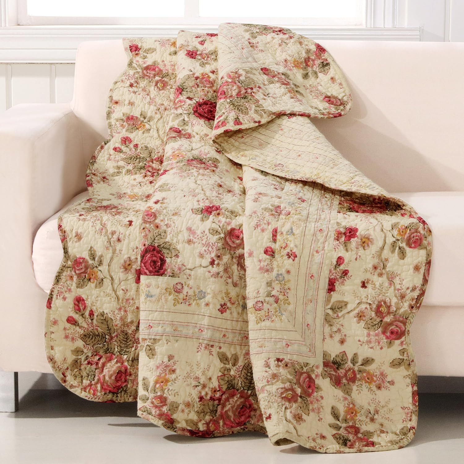Antique Rose - Classic Traditional Floral - 100% Cotton Quilted Throw Blanket, 5