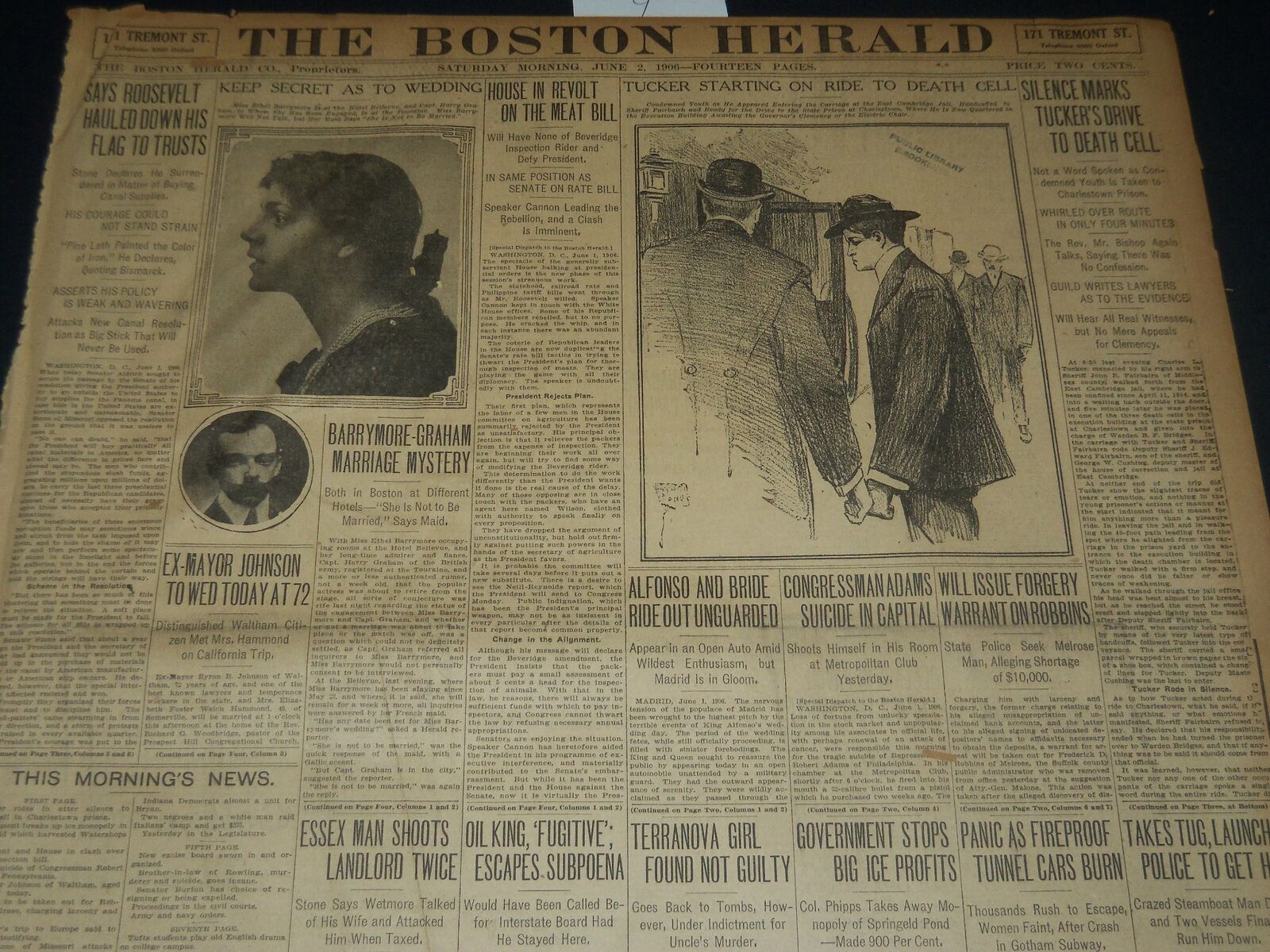 1906 JUNE 2 THE BOSTON HERALD - BARRYMORE - GRAHAM - MARRIAGE MYSTERY - BH 291
