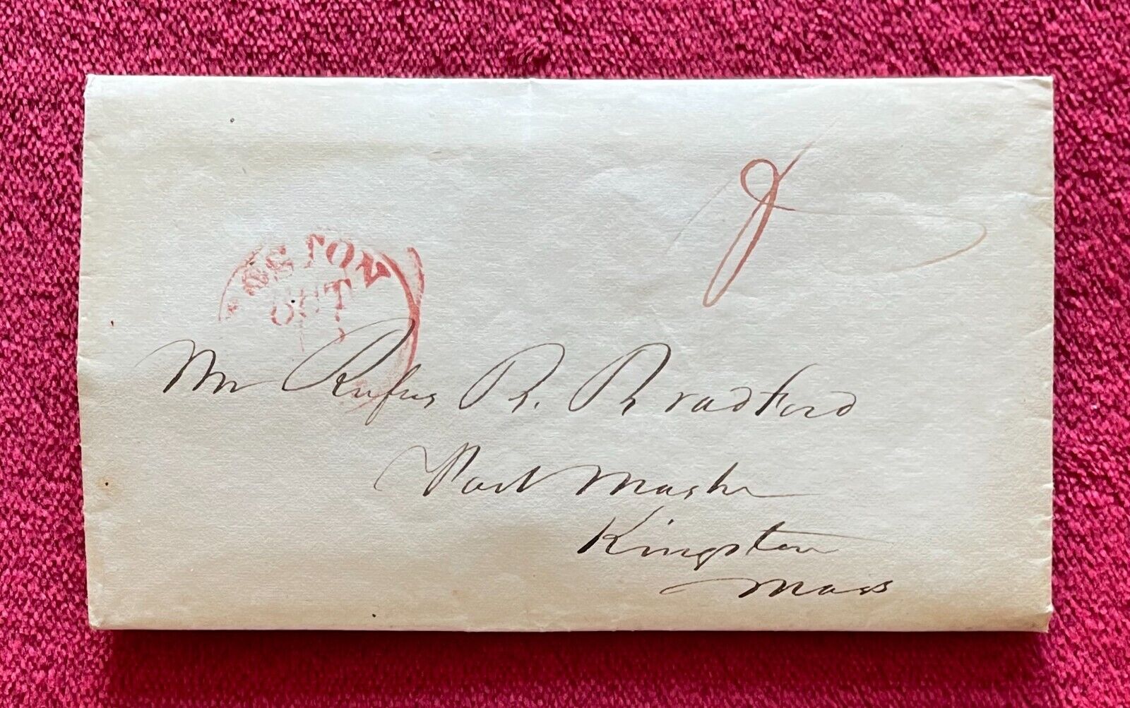 1831 STAMPLESS POSTAL COVER/LETTER TO RUFUS R. BRADFORD, POSTMASTER KINGSTON, MA