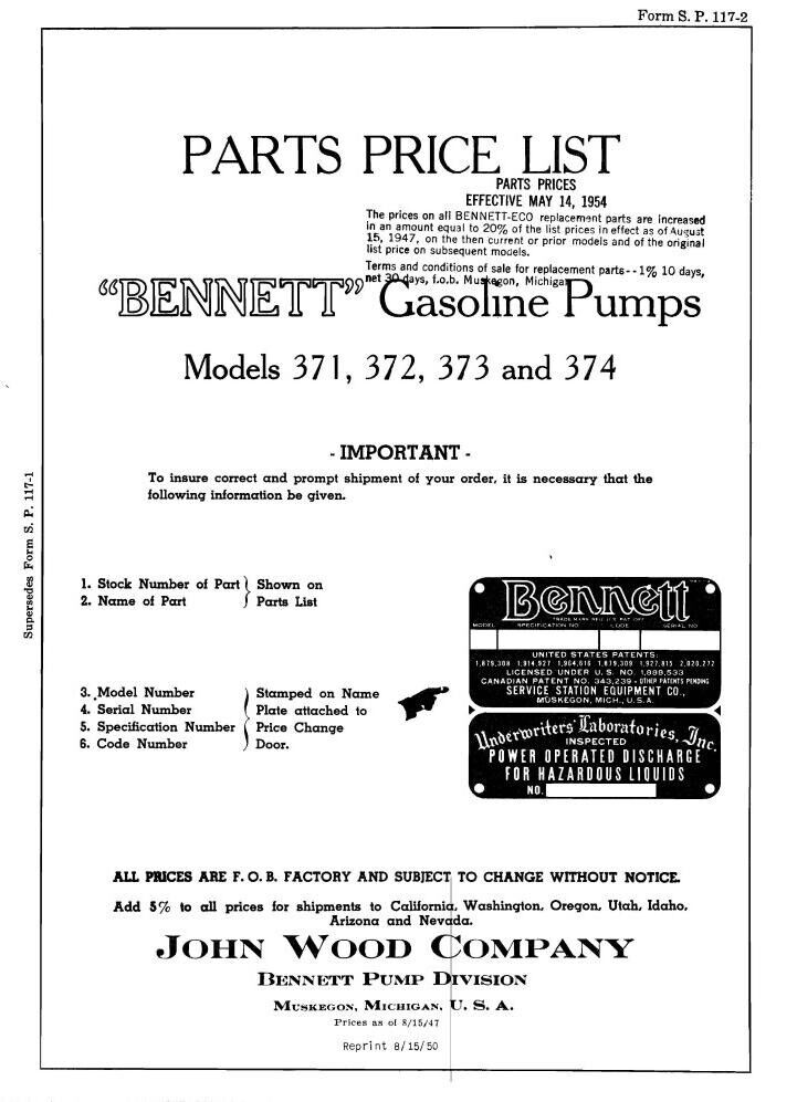 Bennett Model 371 372 373 374 Gasoline Pump illustrated Factory Parts List Gas