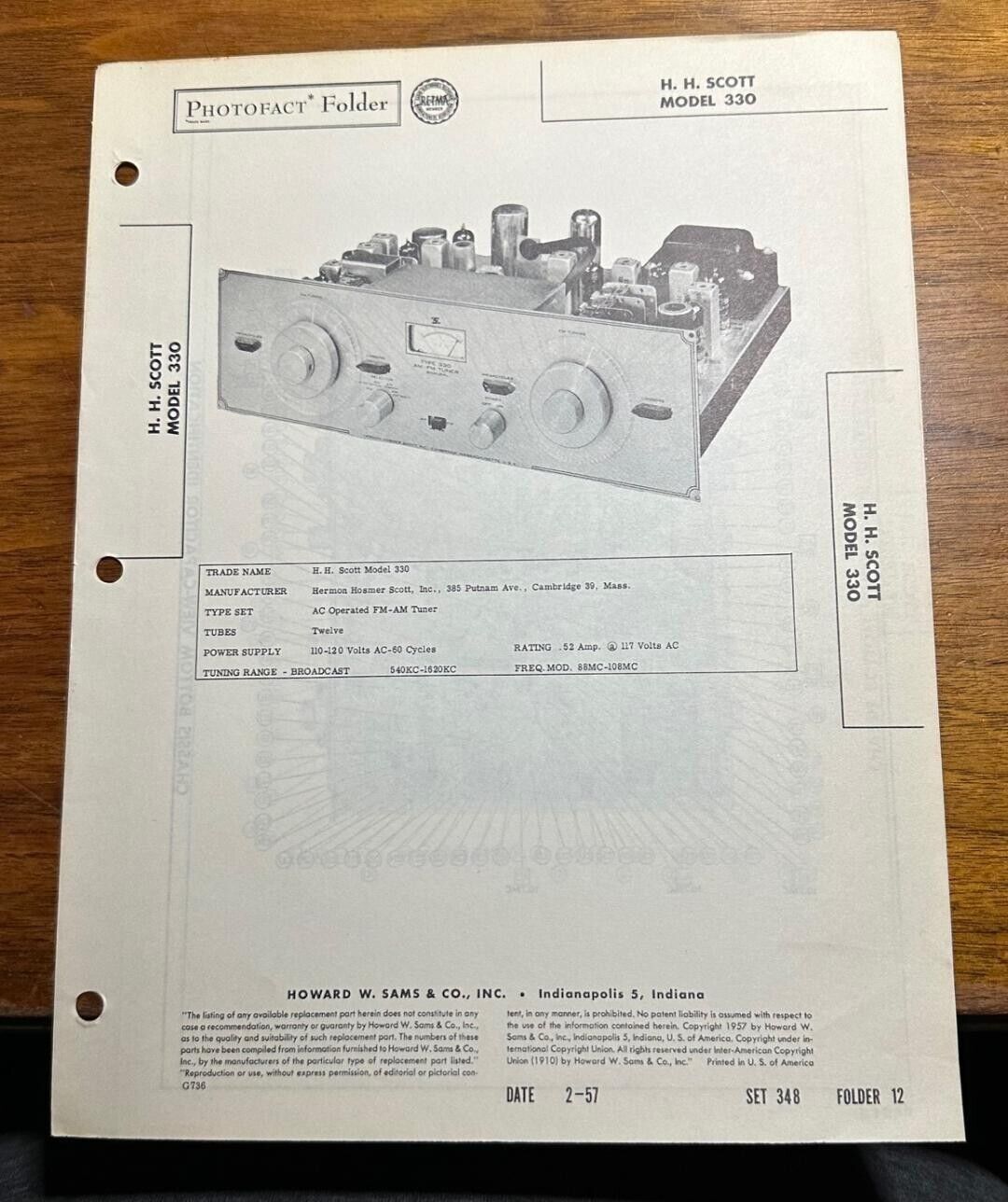 1957 H H Scott Model 330 Radio Photofact Service Manual Foldout Folder