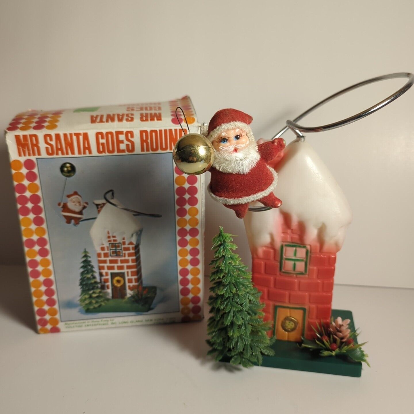 Vintage Mr Santa Goes Round Yuletide Enterprises Flocked Christmas Decoration