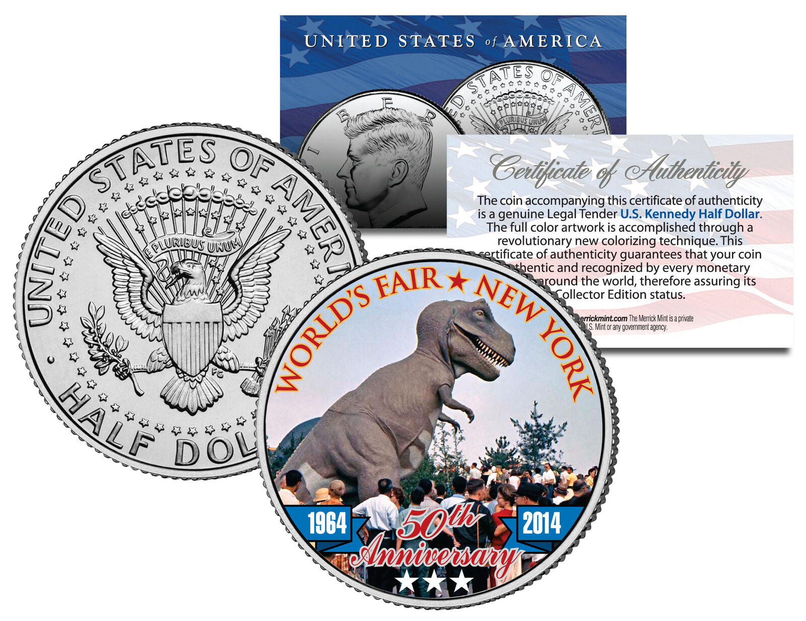 1964 New York WORLD'S FAIR 50th Anniv TYRANNOSAURUS T. REX Coin JFK Half Dollar