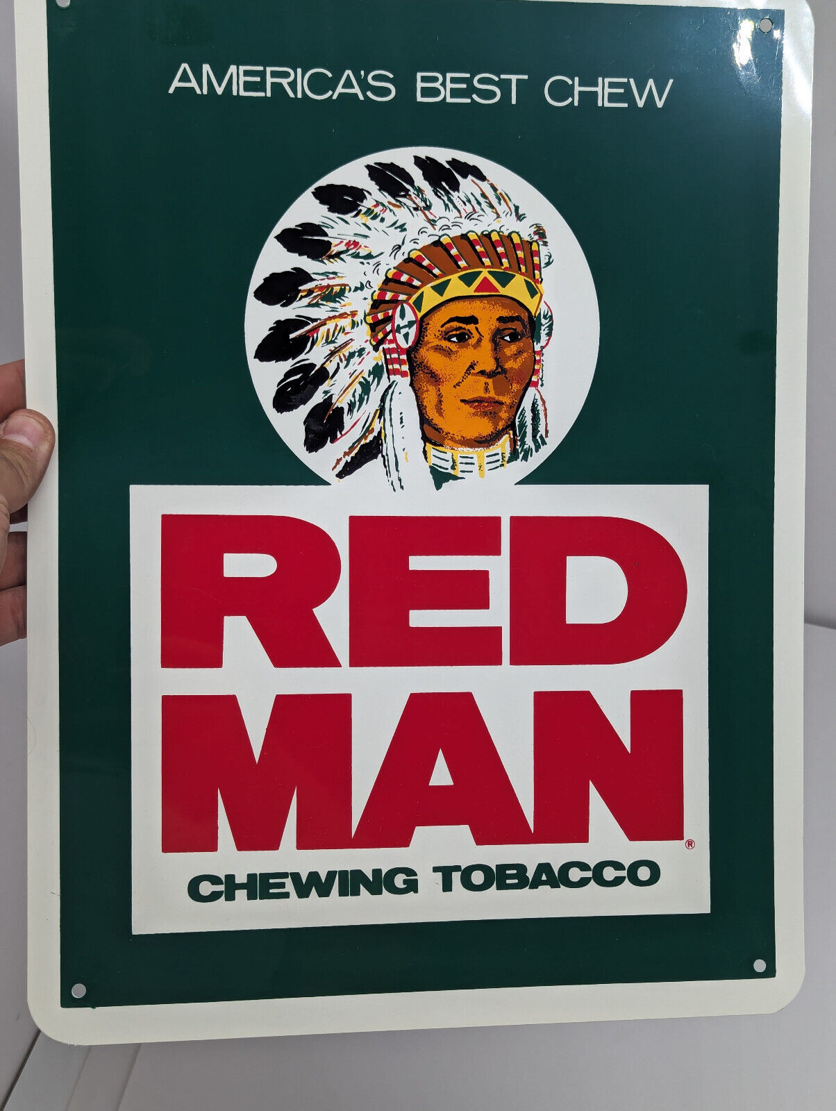 VTG NOS ORIGINAL RED MAN CHEWING TOBACCO VINYL PLASTIC ADVERTISING SIGN 16x12