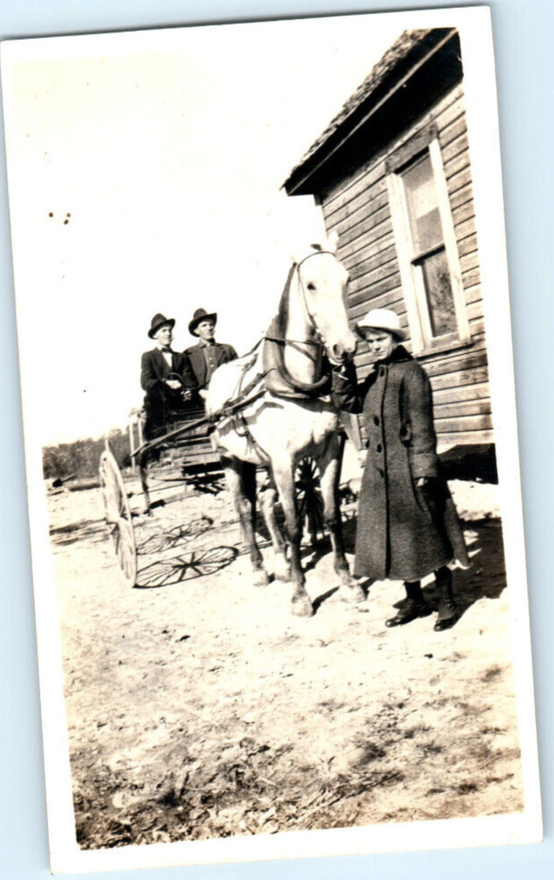 Vintage Photo 1930s, Woman & 2 Men On Horse & Carriage 4.5x2.25, Black & White