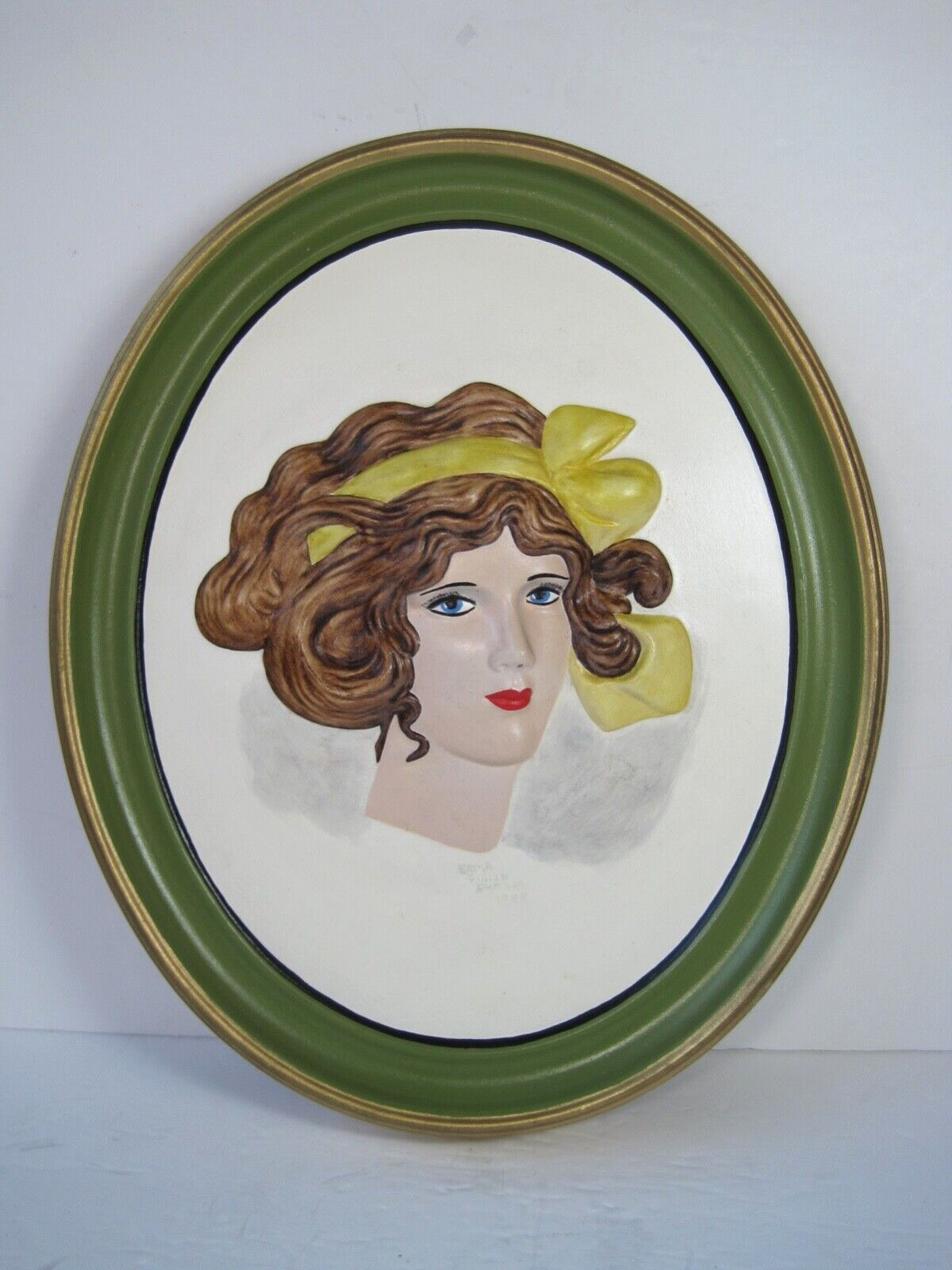 Vtg  Duncan Cameo Chalk-Ware Mold Lady W/Yellow Hair Band Hand Painted Signed