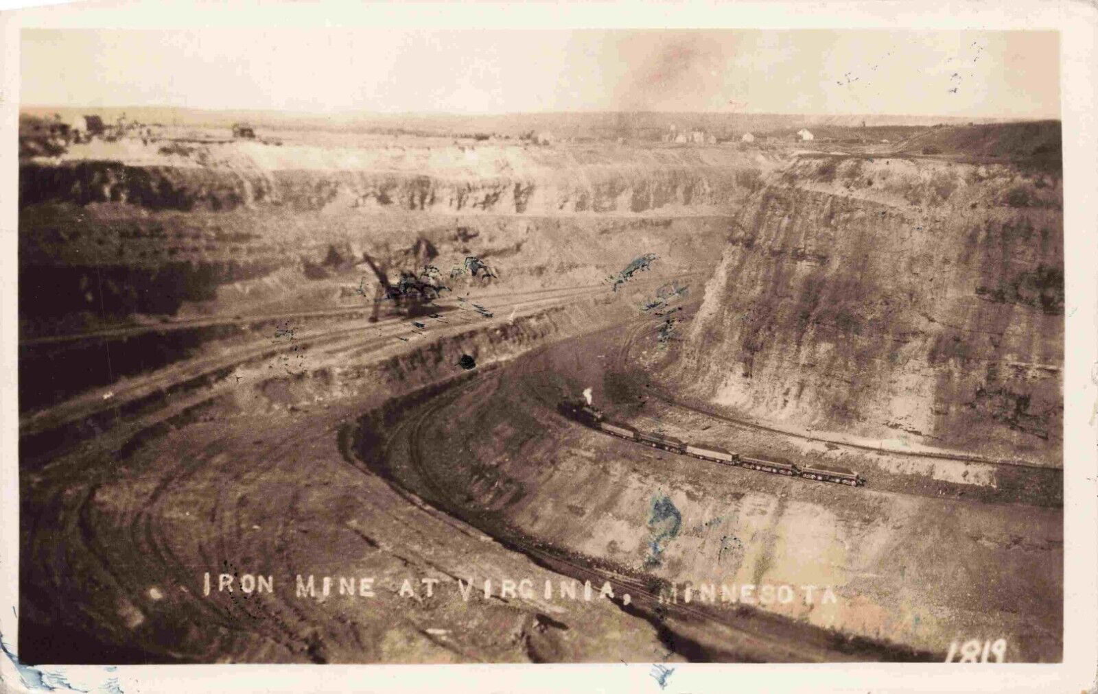 Iron Ore Mine Virginia Minnesota Trains Haul Ore Pit Mining c1930s RPPC Postcard