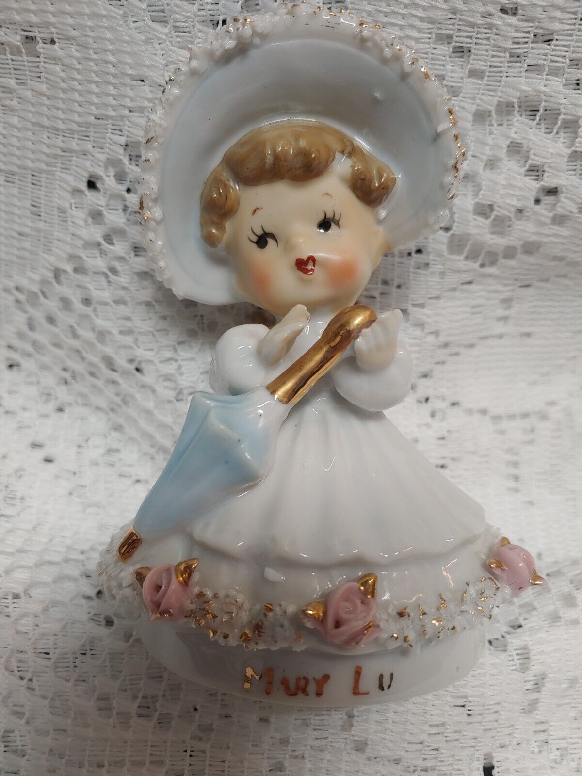 Vintage “Mary Lu” Angel Figurine Holding Umbrella  Spaghetti Trim  5\