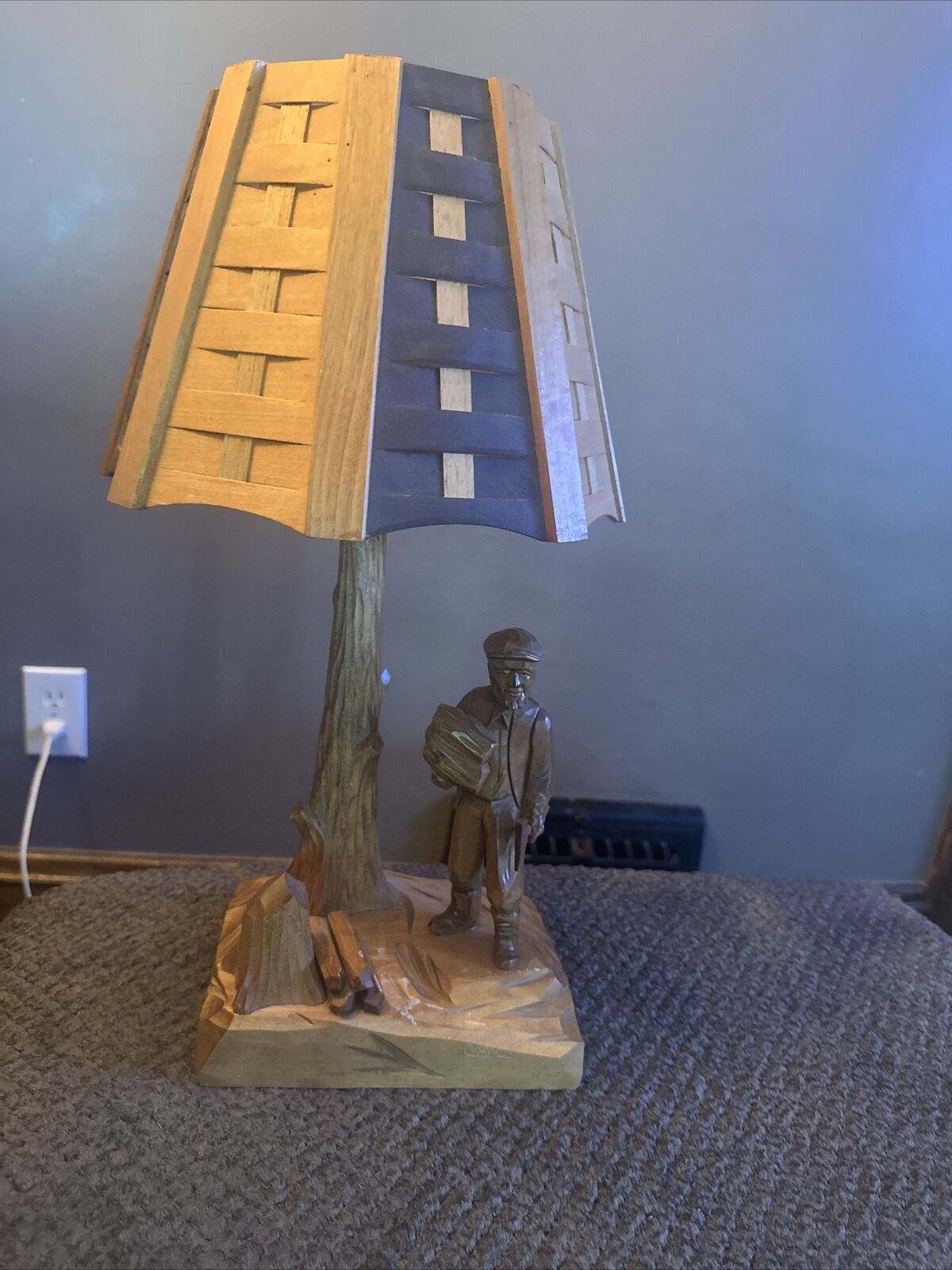 Vintage Paul Emil Caron Wood Carved Folk Art Lamp Collectible Quebec Canada 17”