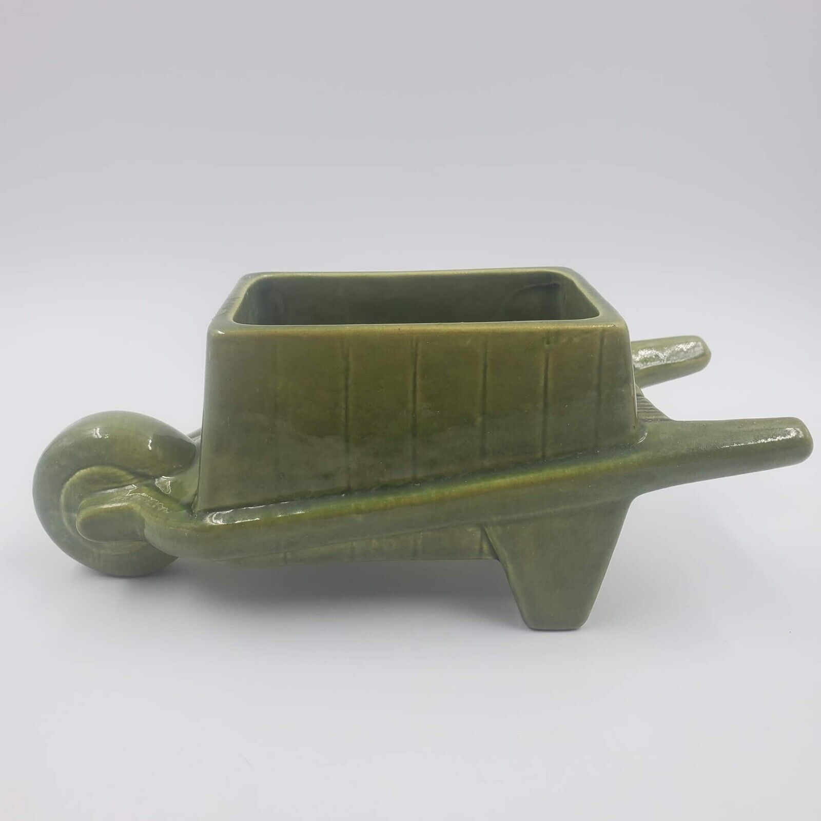 Vintage Haeger Pottery Avocado Green Wheelbarrow Planter #342 4\