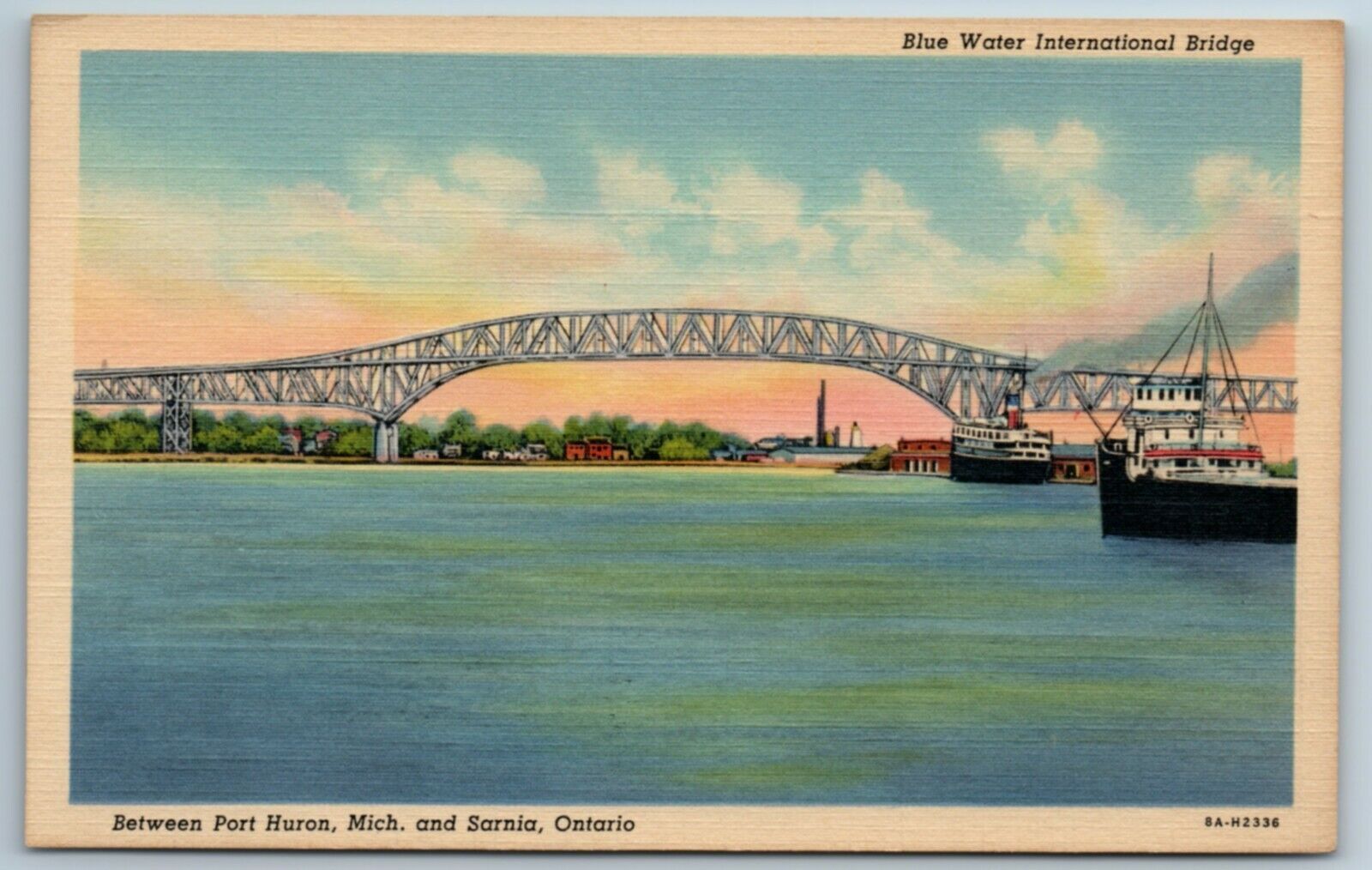 Blue Water International Bridge Port Huron Michigan Sarnia Linen Postcard J1G