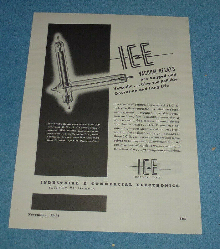 Antique 1944 Ad ICE Vacuum Relays Industrial & Commercial Electronics